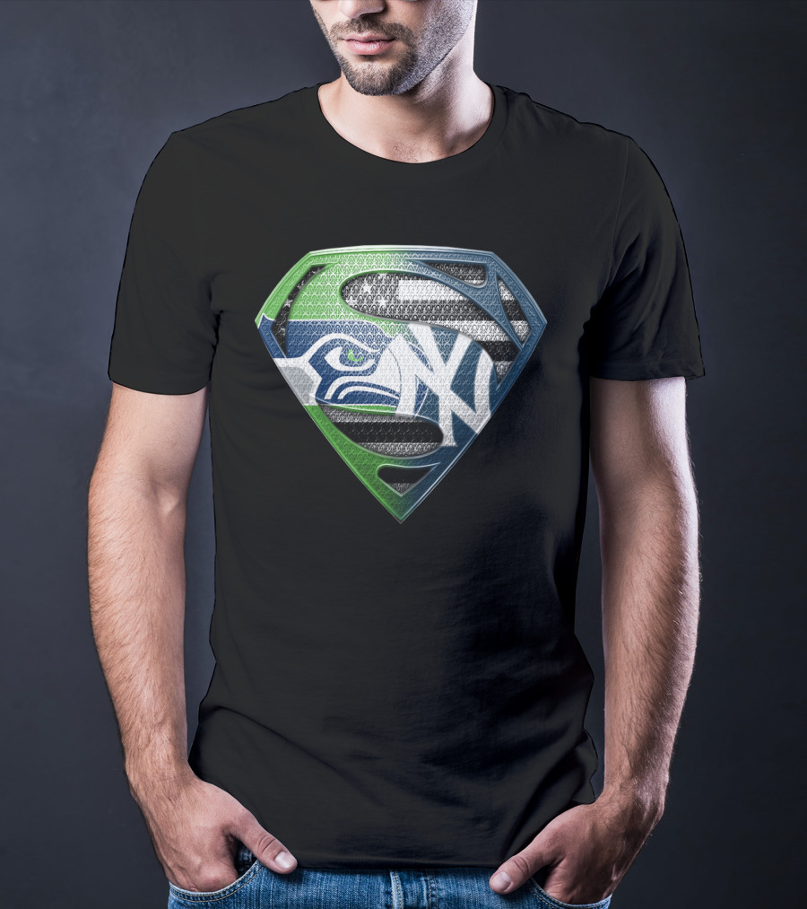 Seattle Seahawks New York Yankees Superman Shield Logo Mashup T-Shirt
