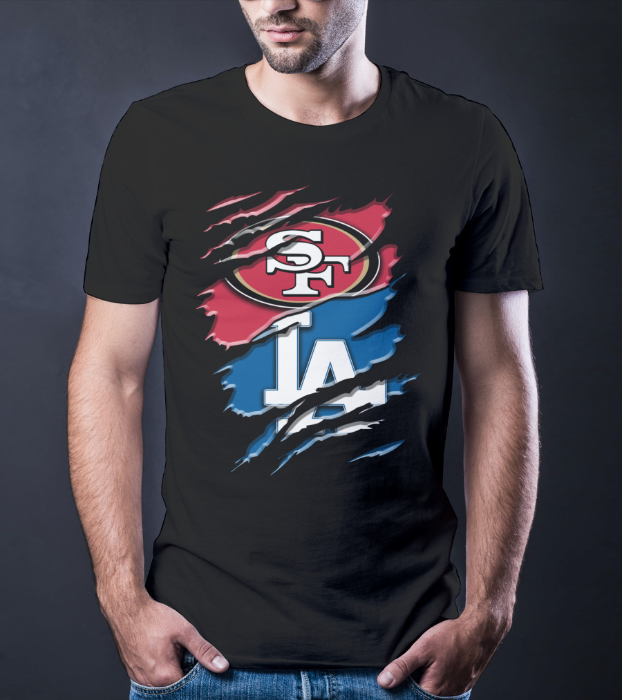 San Francisco 49ers And Los Angeles Dodgers Logo Fusion Rac T-Shirt