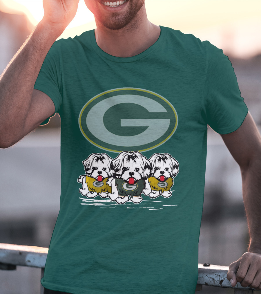 Green Bay Packers Logo With Three Dogs In Jerseys T-Shirt