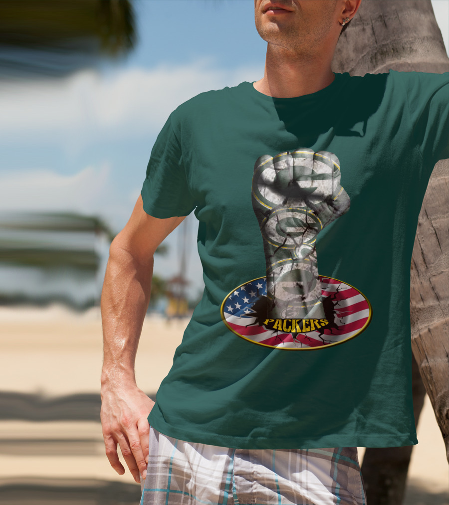 Fist With Green Bay Packers Logo On Cracked American Flag T-Shirt