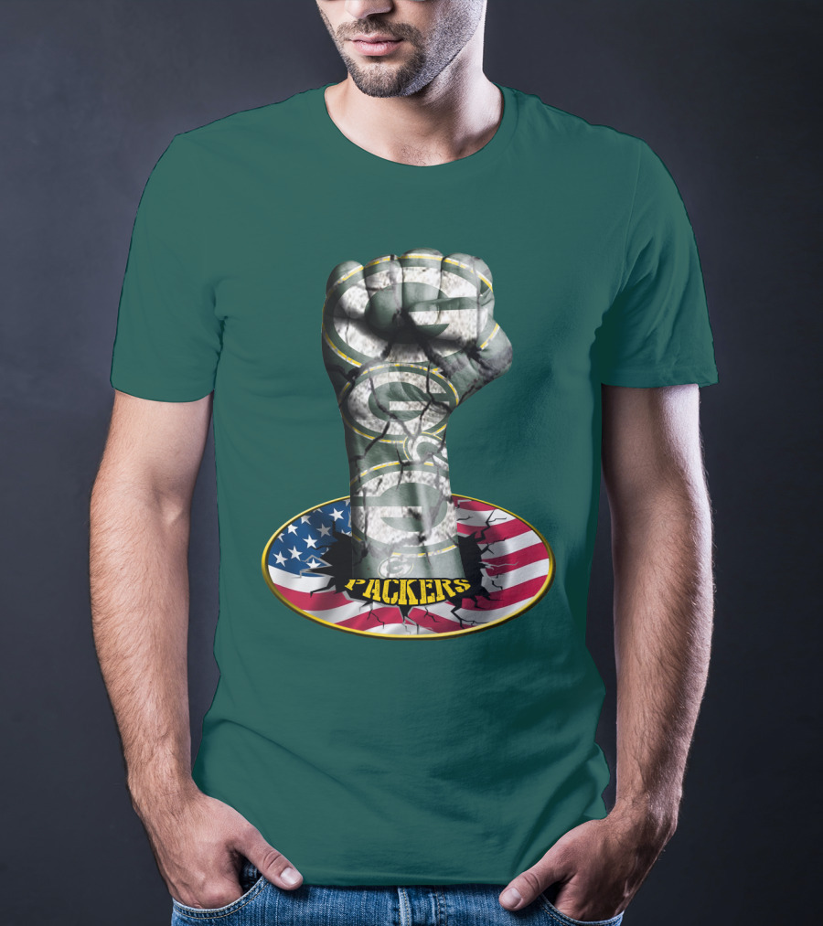 Fist With Green Bay Packers Logo On Cracked American Flag T-Shirt