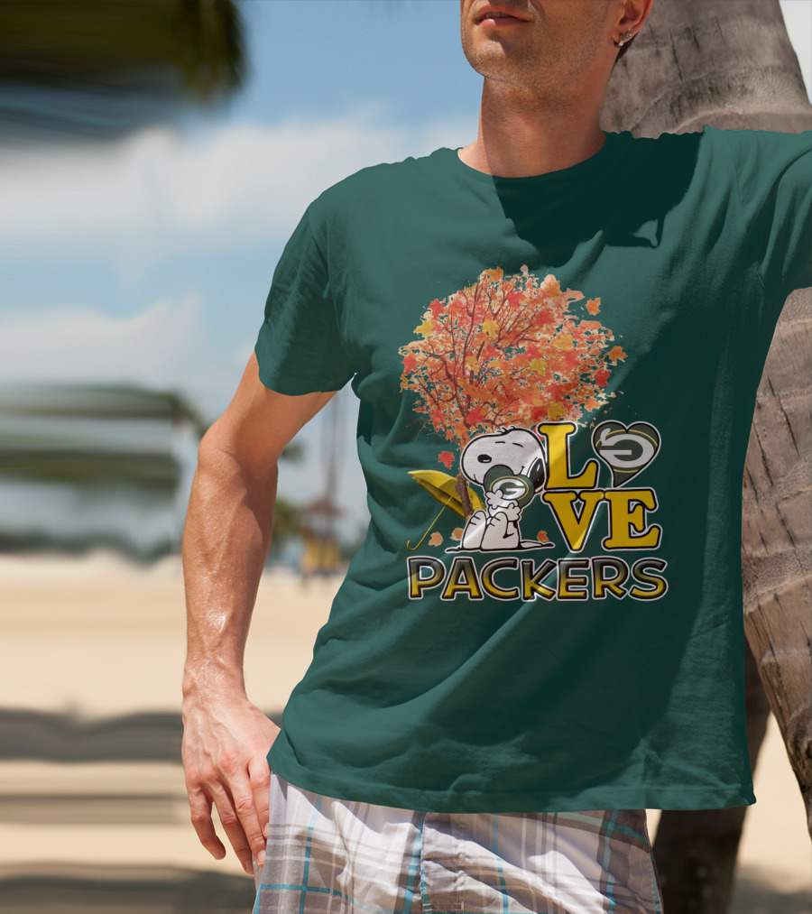 Love Packers Snoopy Green Bay Packers Autumn Tree T-Shirt