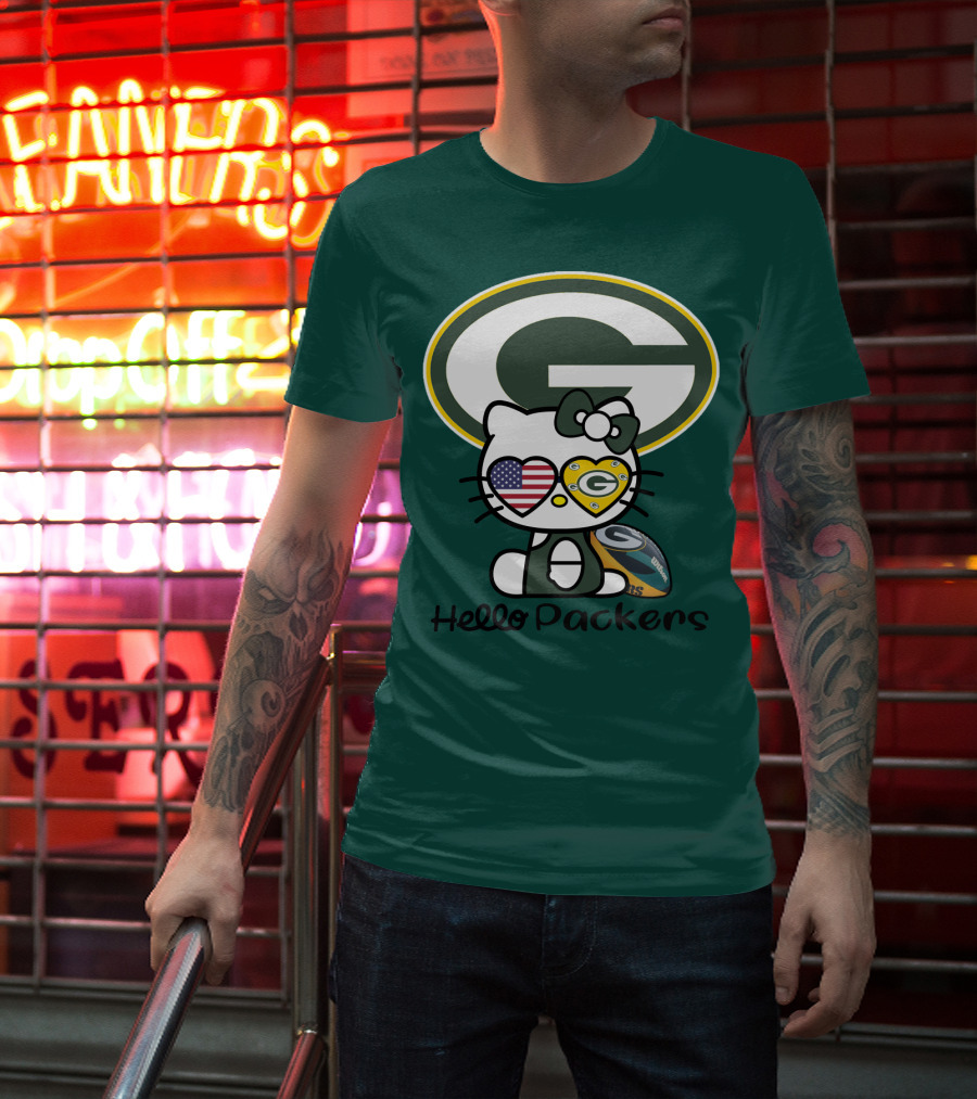 Hello Packers Green Bay Packers Football Fan Art Featuring Kitty With American Flag Heart T-Shirt