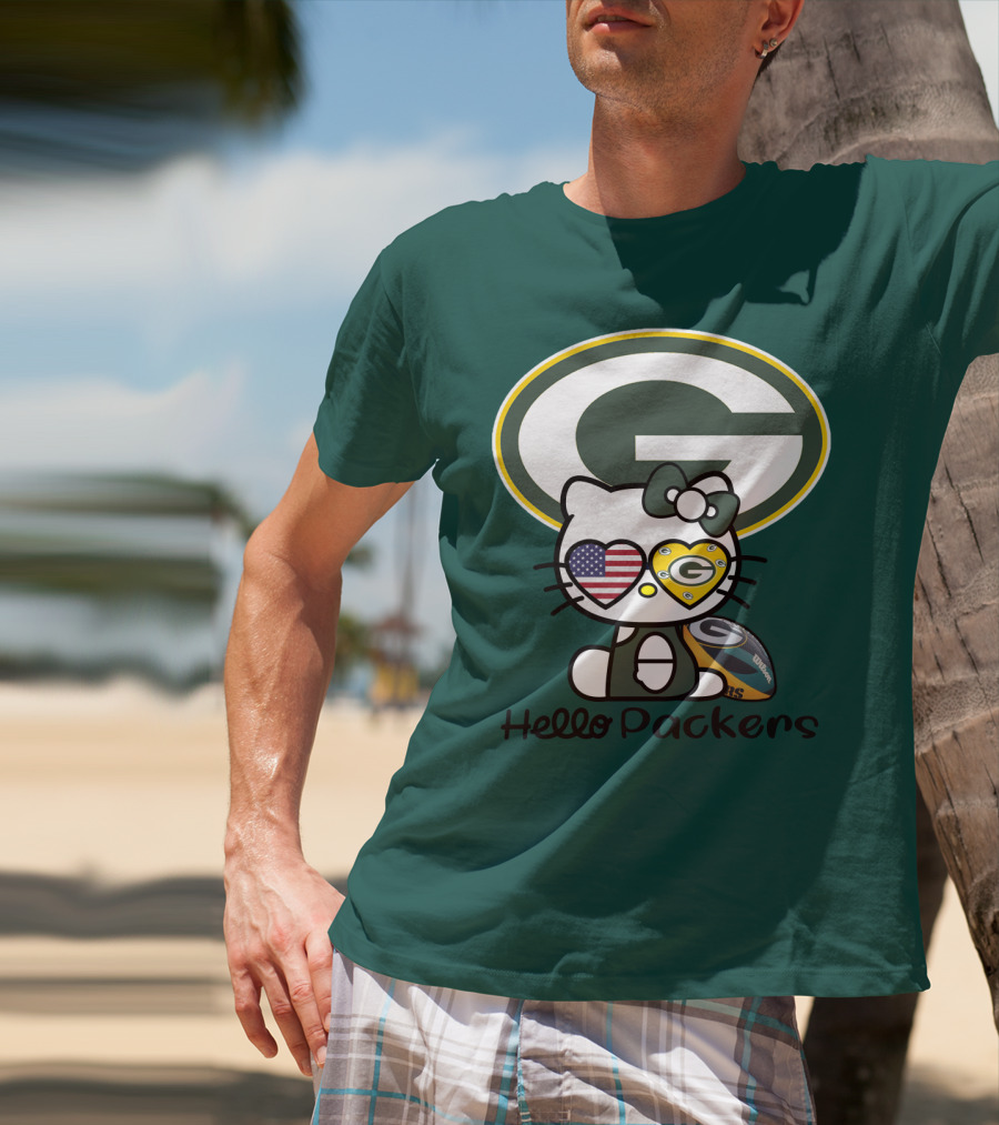 Hello Packers Green Bay Packers Football Fan Art Featuring Kitty With American Flag Heart T-Shirt