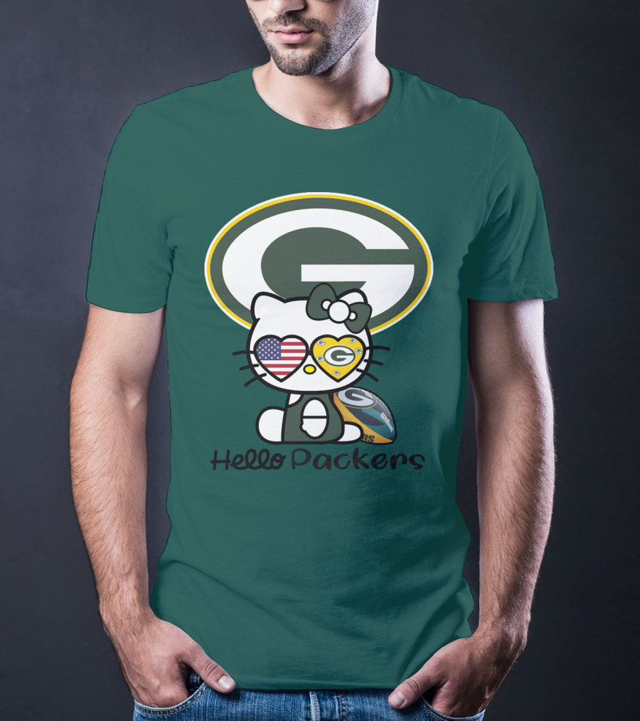 Hello Packers Green Bay Packers Football Fan Art Featuring Kitty With American Flag Heart T-Shirt