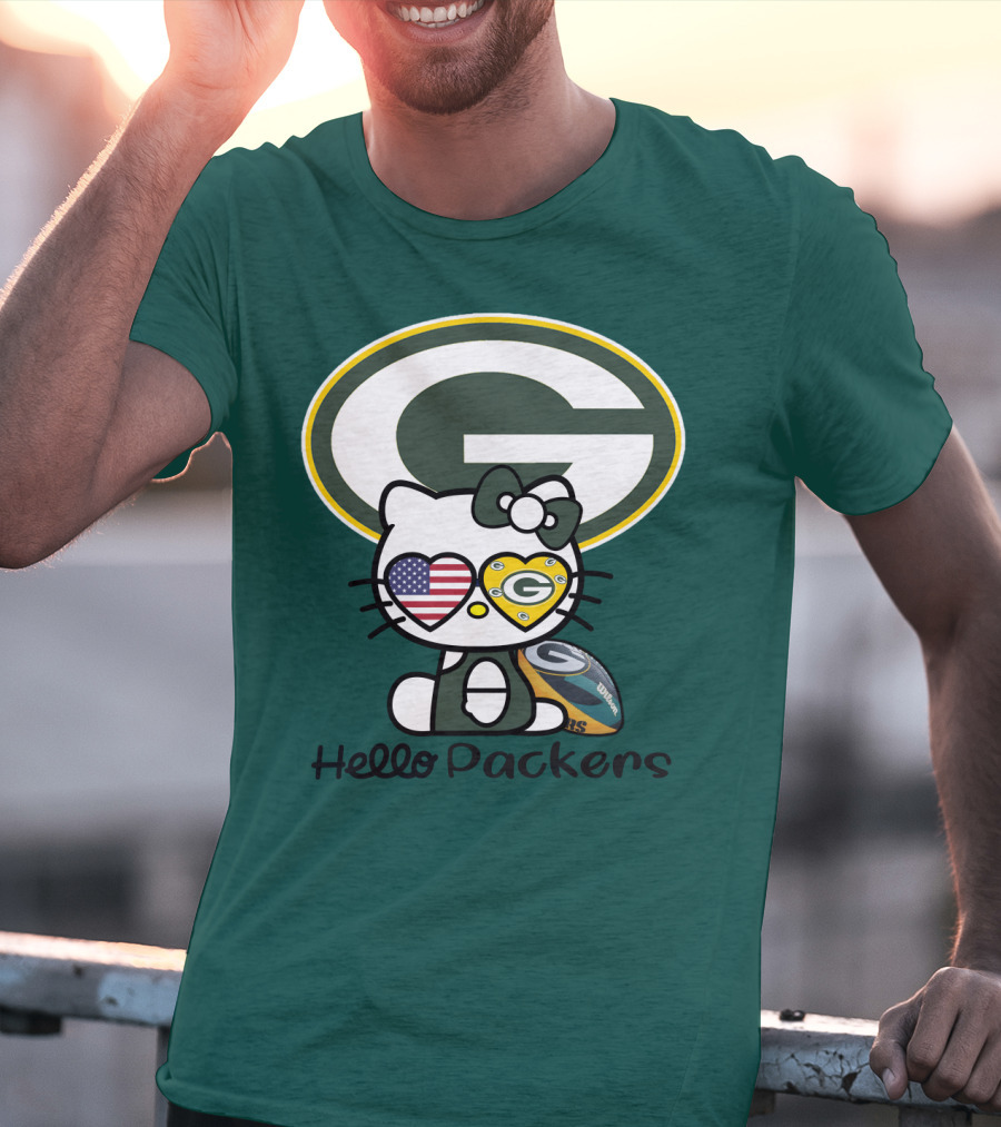 Hello Packers Green Bay Packers Football Fan Art Featuring Kitty With American Flag Heart T-Shirt