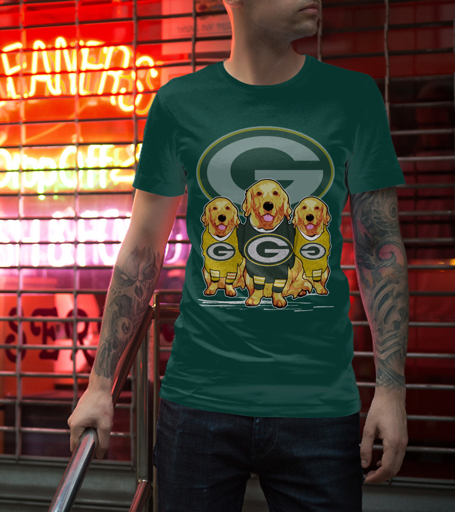 Green Bay Packers Golden Retrievers Sporting Green And Gold Attire T-Shirt