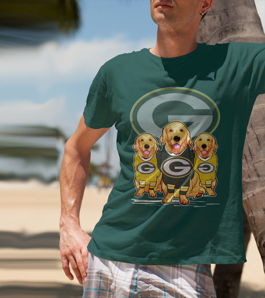 Green Bay Packers Golden Retrievers Sporting Green And Gold Attire T-Shirt