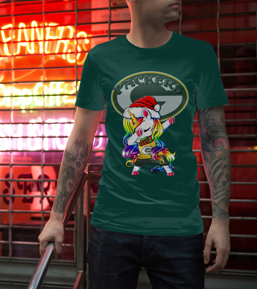 Packers Unicorn Dabbing Santa Hat Green Gold T-Shirt