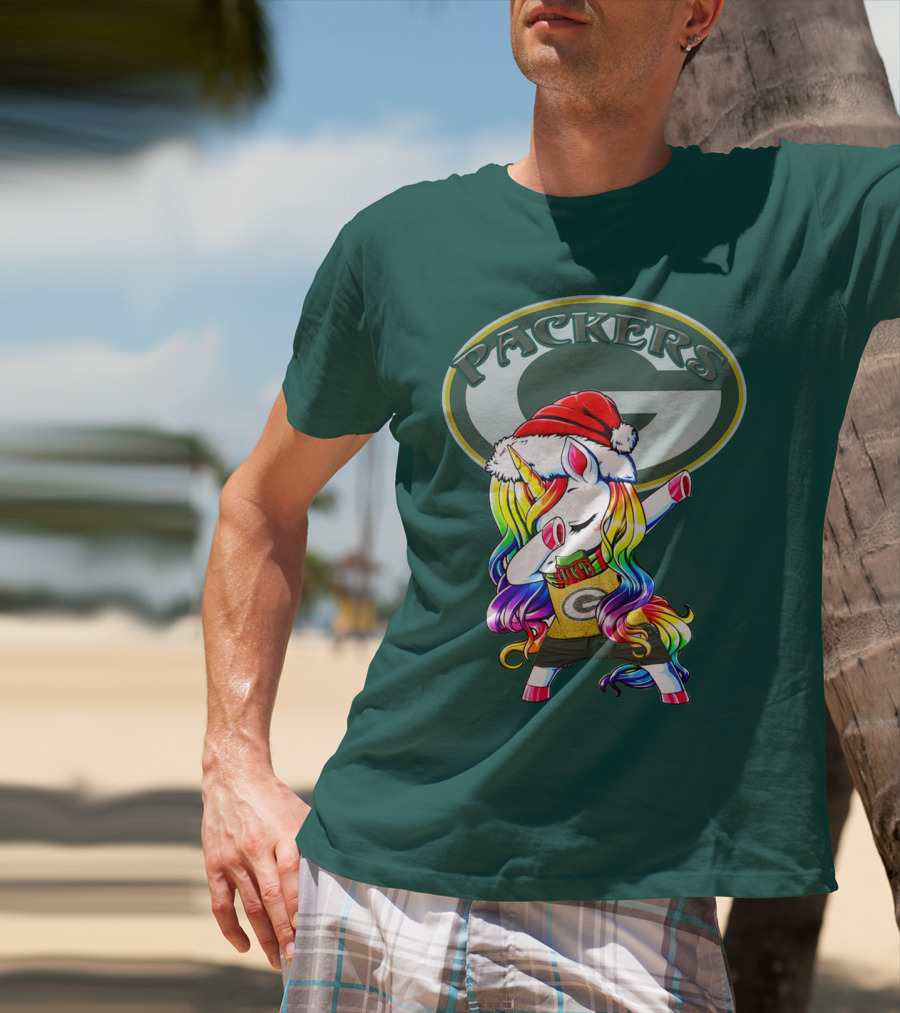 Packers Unicorn Dabbing Santa Hat Green Gold T-Shirt