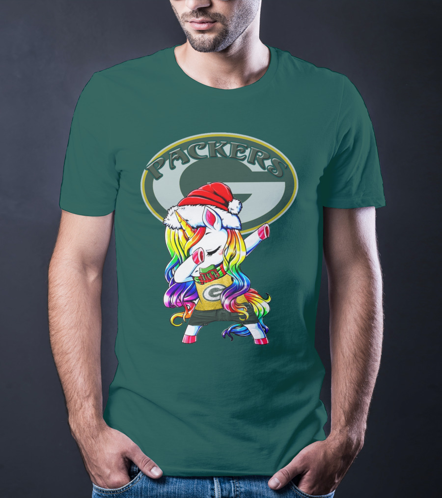 Packers Unicorn Dabbing Santa Hat Green Gold T-Shirt