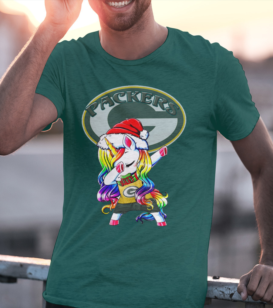 Packers Unicorn Dabbing Santa Hat Green Gold T-Shirt