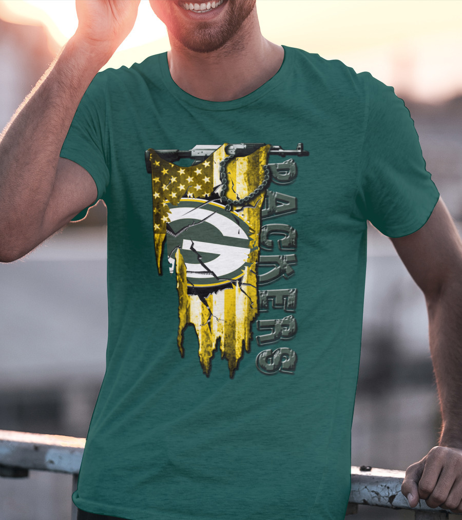 Green Bay Packers American Flag Cracked T-Shirt