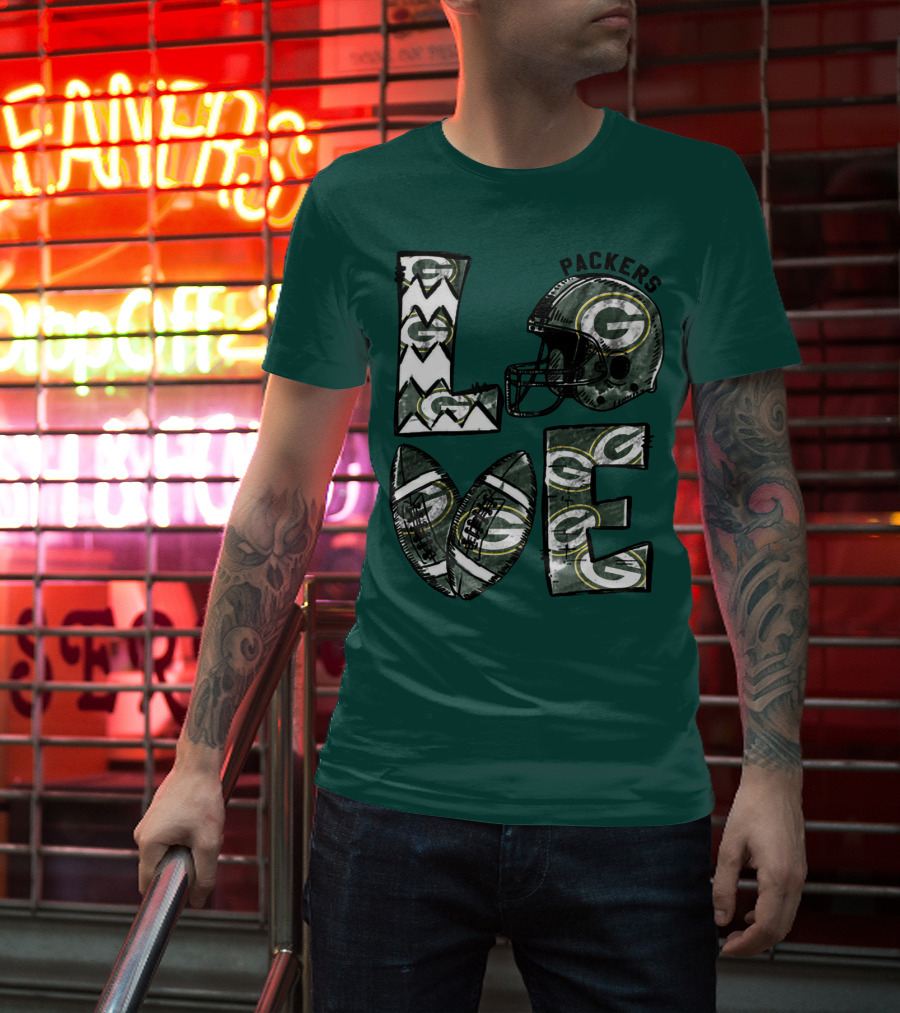 Packers Love Football Helmet And Ball Green Bay Packers T-Shirt