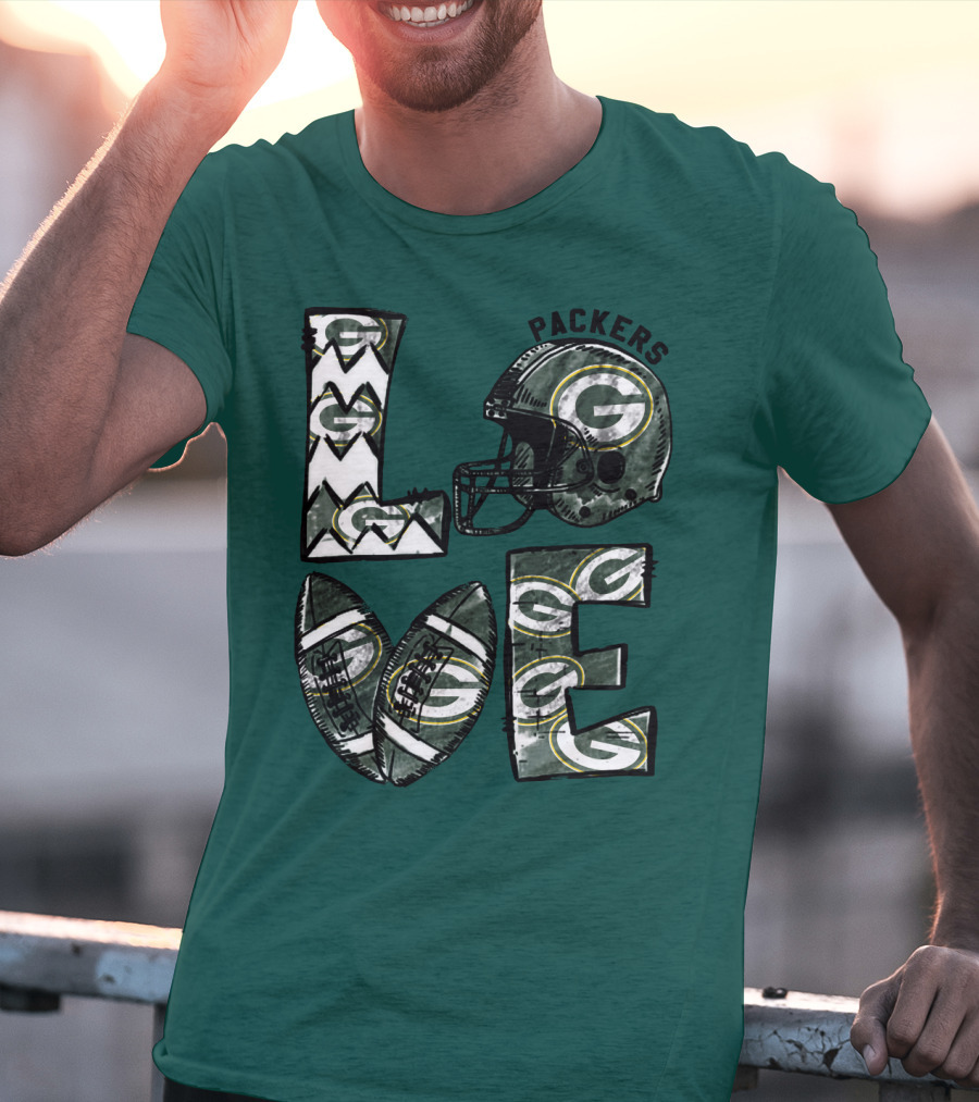 Packers Love Football Helmet And Ball Green Bay Packers T-Shirt
