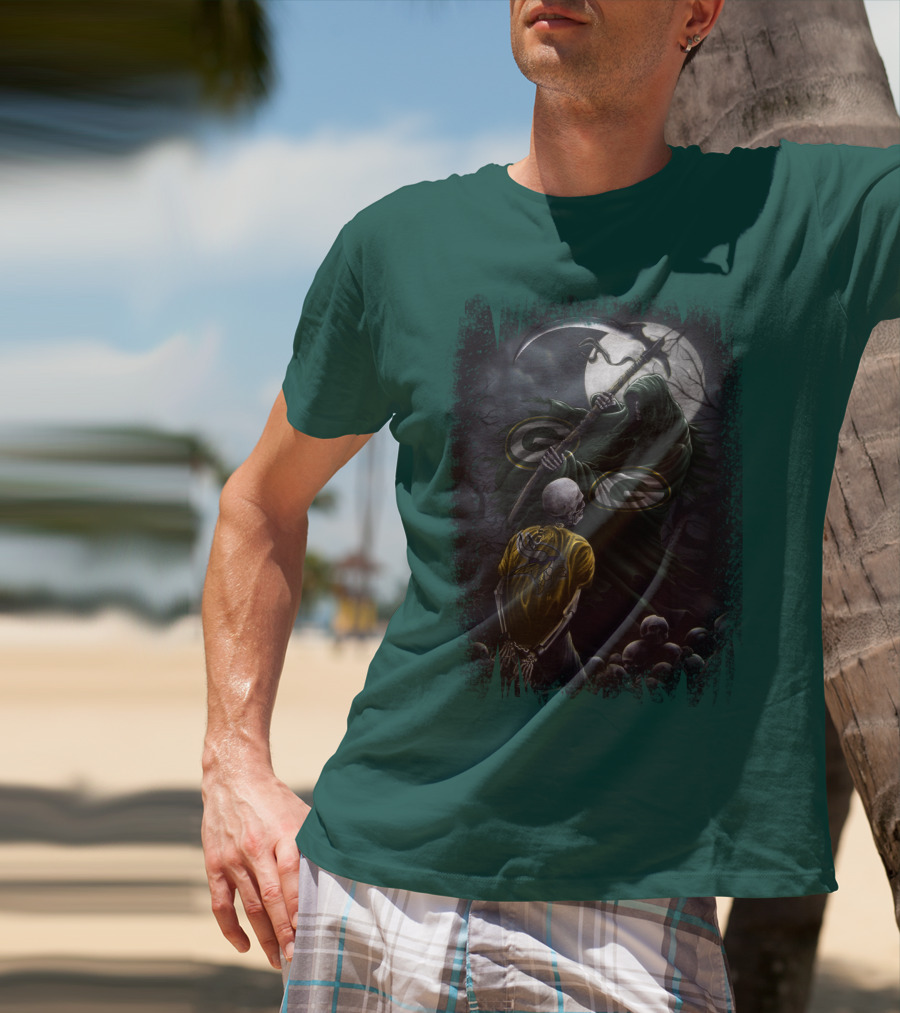Green Bay Packers Grim Reaper Scene With Skeleton Under Moonlight T-Shirt