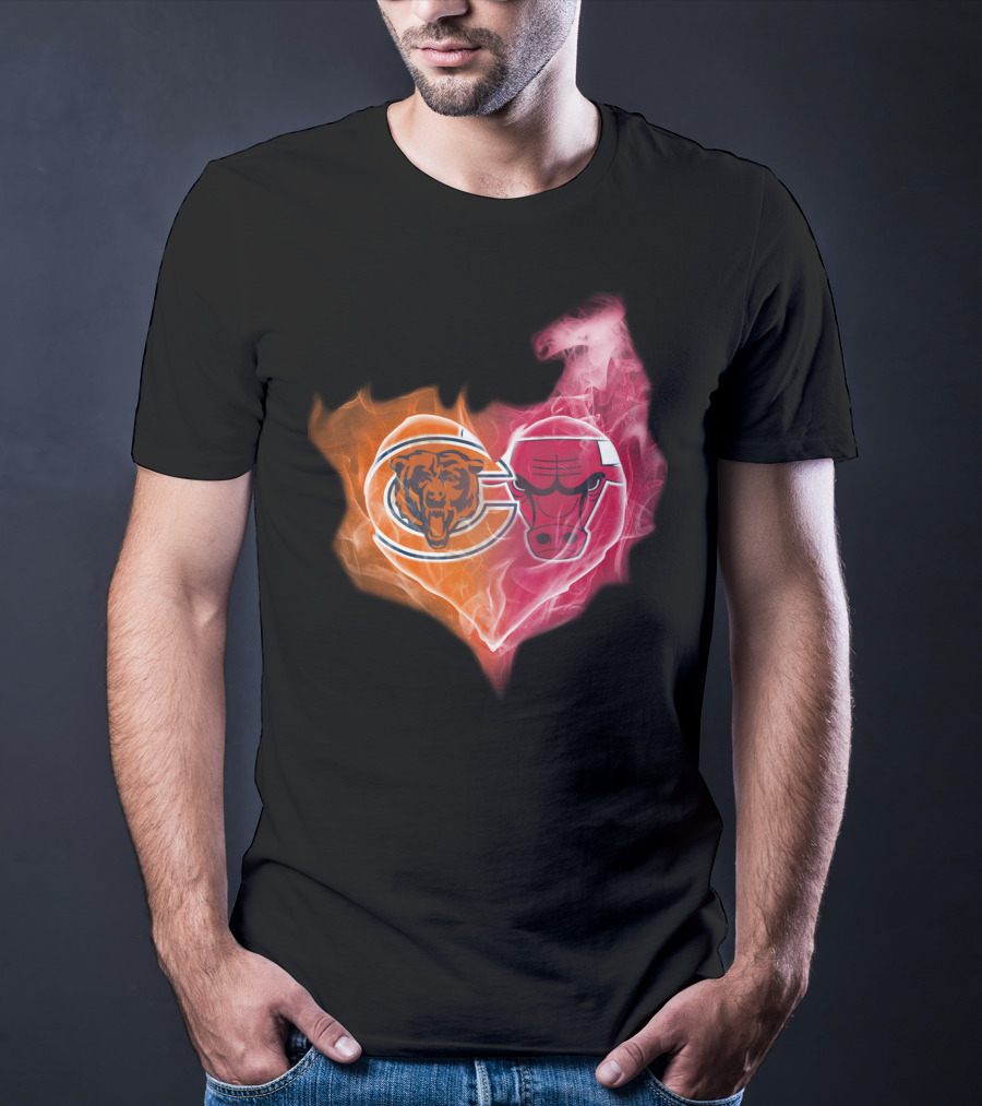Chicago Bears And Chicago Bulls Heart Flames T-Shirt