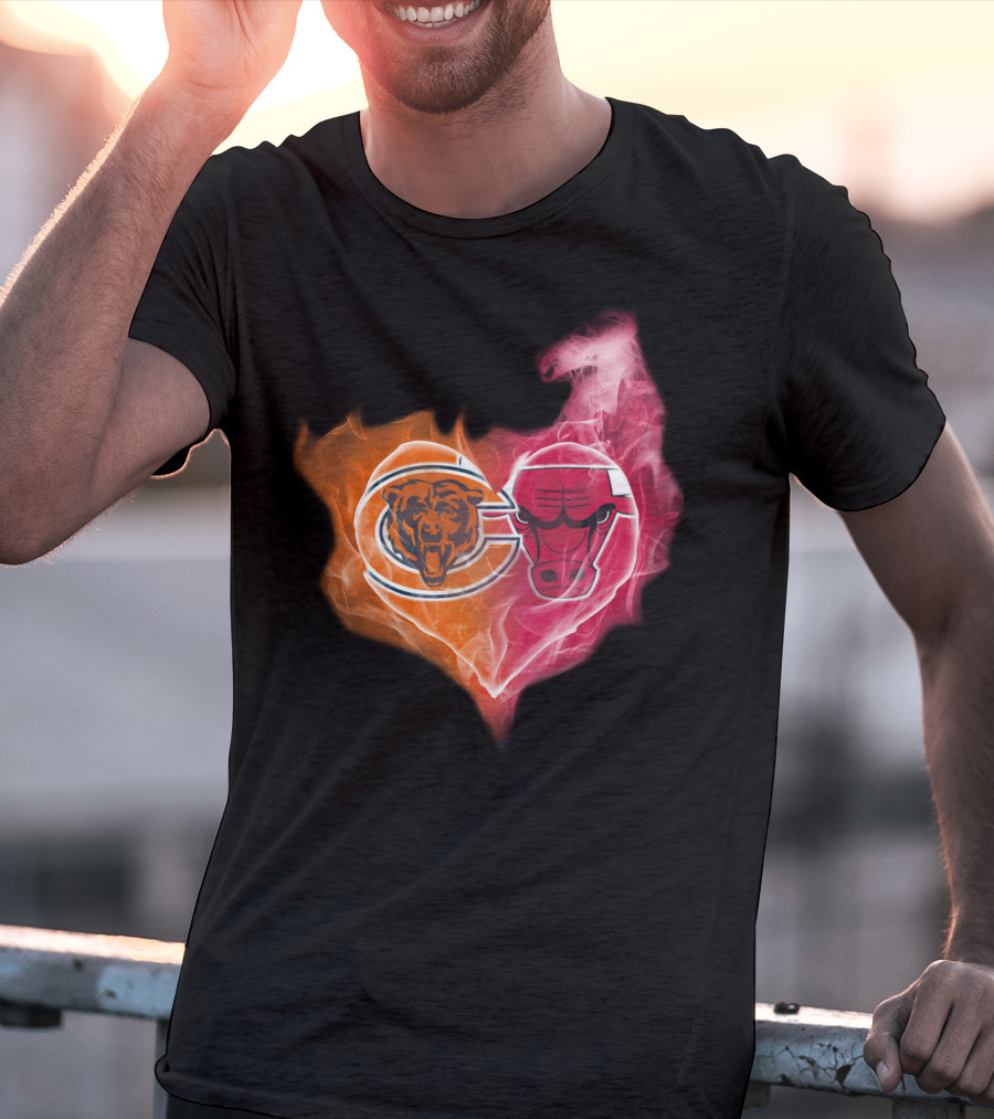 Chicago Bears And Chicago Bulls Heart Flames T-Shirt