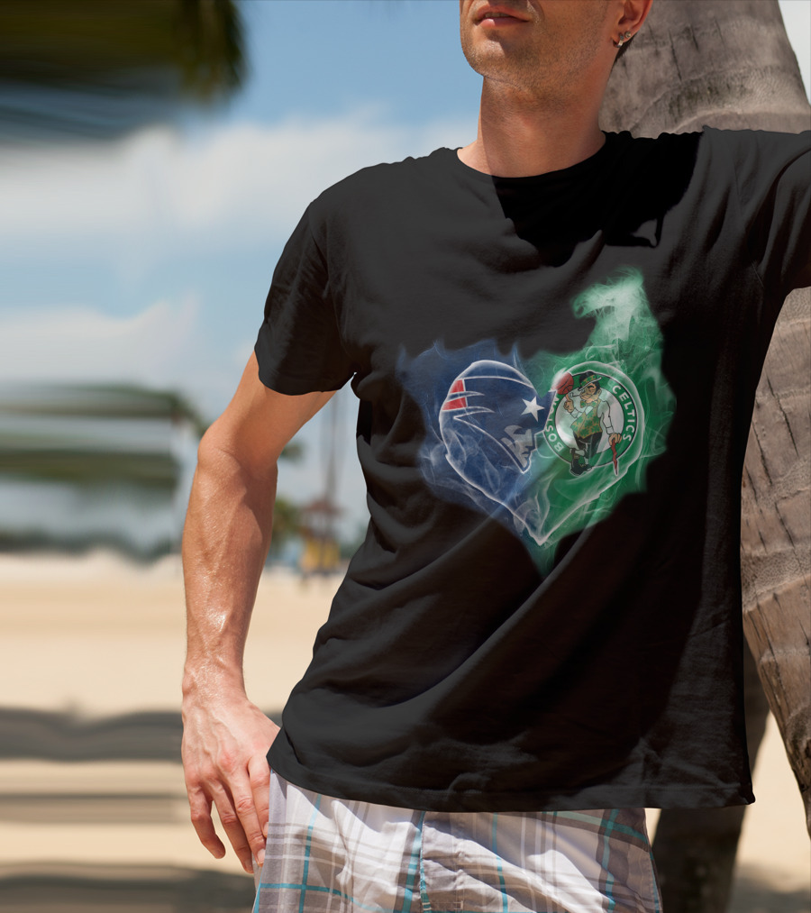 New England Patriots Boston Celtics Heart Smoke Fusion T-Shirt