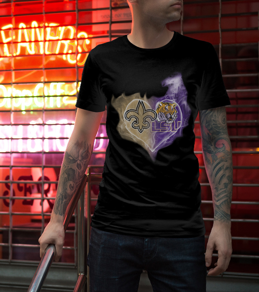 New Orleans Saints Fleur-De-Lis And Lsu Tigers Logo Heart T-Shirt