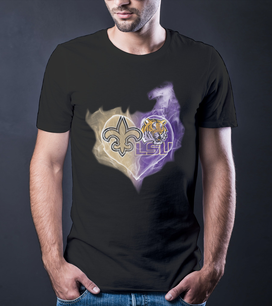 New Orleans Saints Fleur-De-Lis And Lsu Tigers Logo Heart T-Shirt