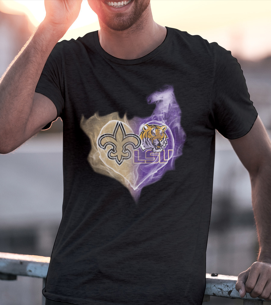 New Orleans Saints Fleur-De-Lis And Lsu Tigers Logo Heart T-Shirt