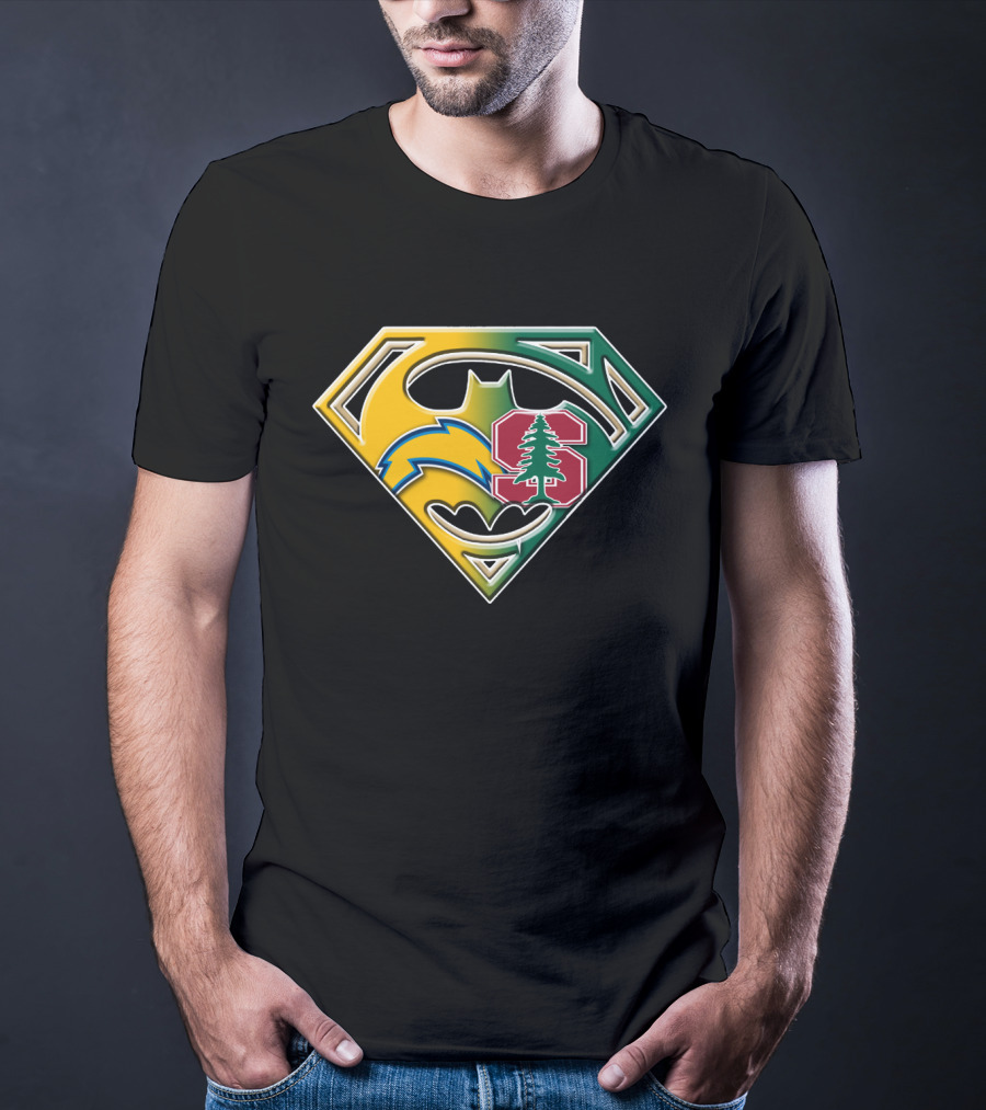 Los Angeles Chargers And Stanford Cardinal Bat Superman Logo Fusion T-Shirt