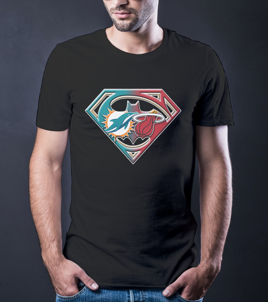 Miami Dolphins Batman Superman Miami Heat Logo Mashup T-Shirt