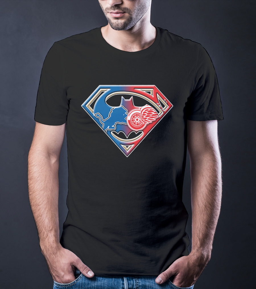 Detroit Sports Superman Batman Red Wings Lions T-Shirt