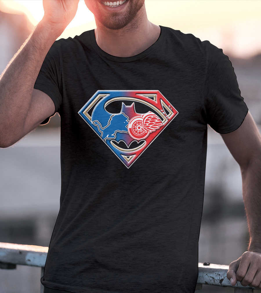 Detroit Sports Superman Batman Red Wings Lions T-Shirt