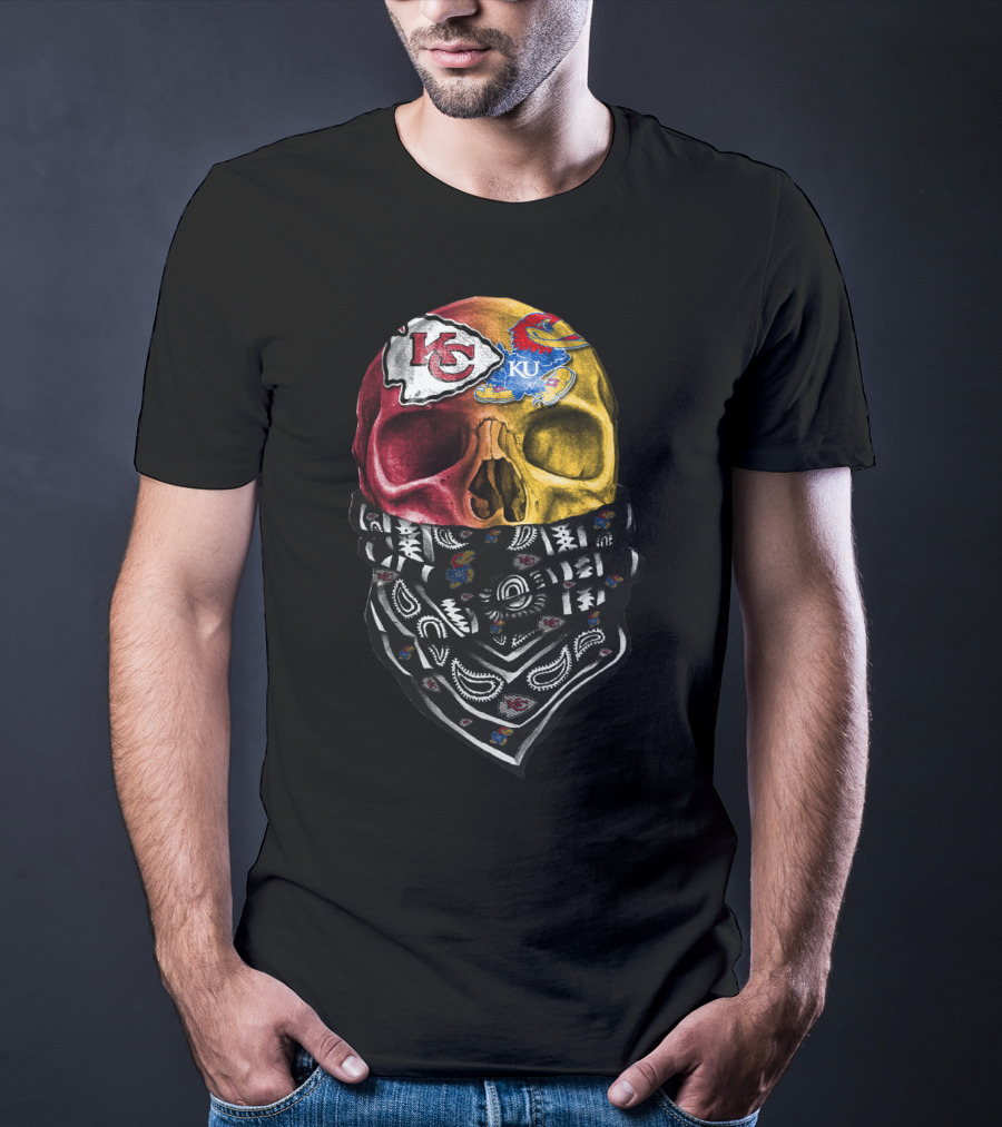 Kc Chiefs Ku Jayhawks Skull Bandana T-Shirt