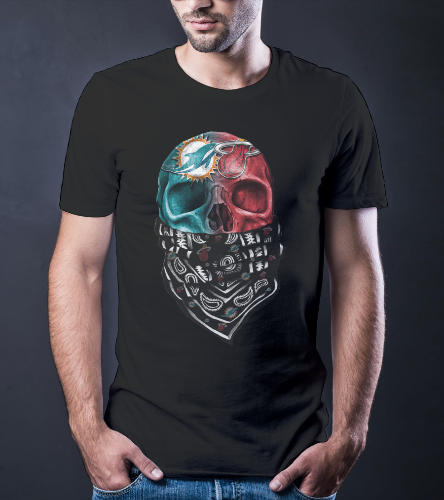 Miami Dolphins And Heat Skull Bandana Combination T-Shirt