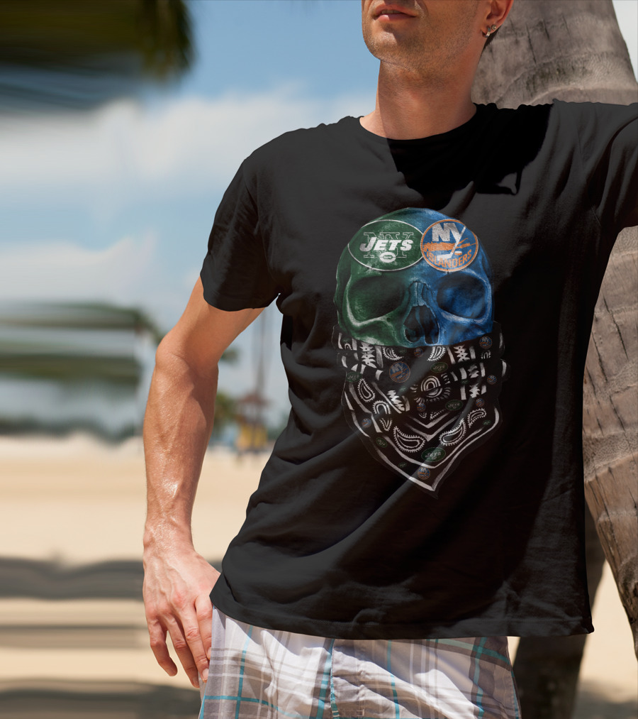 Ny Jets Islanders Dual Skull Bandana Sku 068 T-Shirt