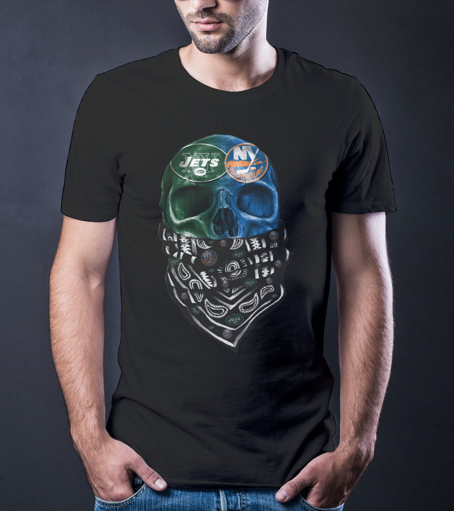 Ny Jets Islanders Dual Skull Bandana Sku 068 T-Shirt