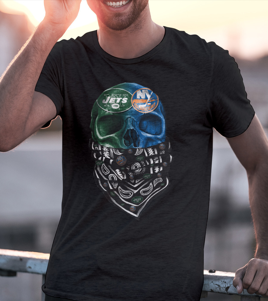 Ny Jets Islanders Dual Skull Bandana Sku 068 T-Shirt