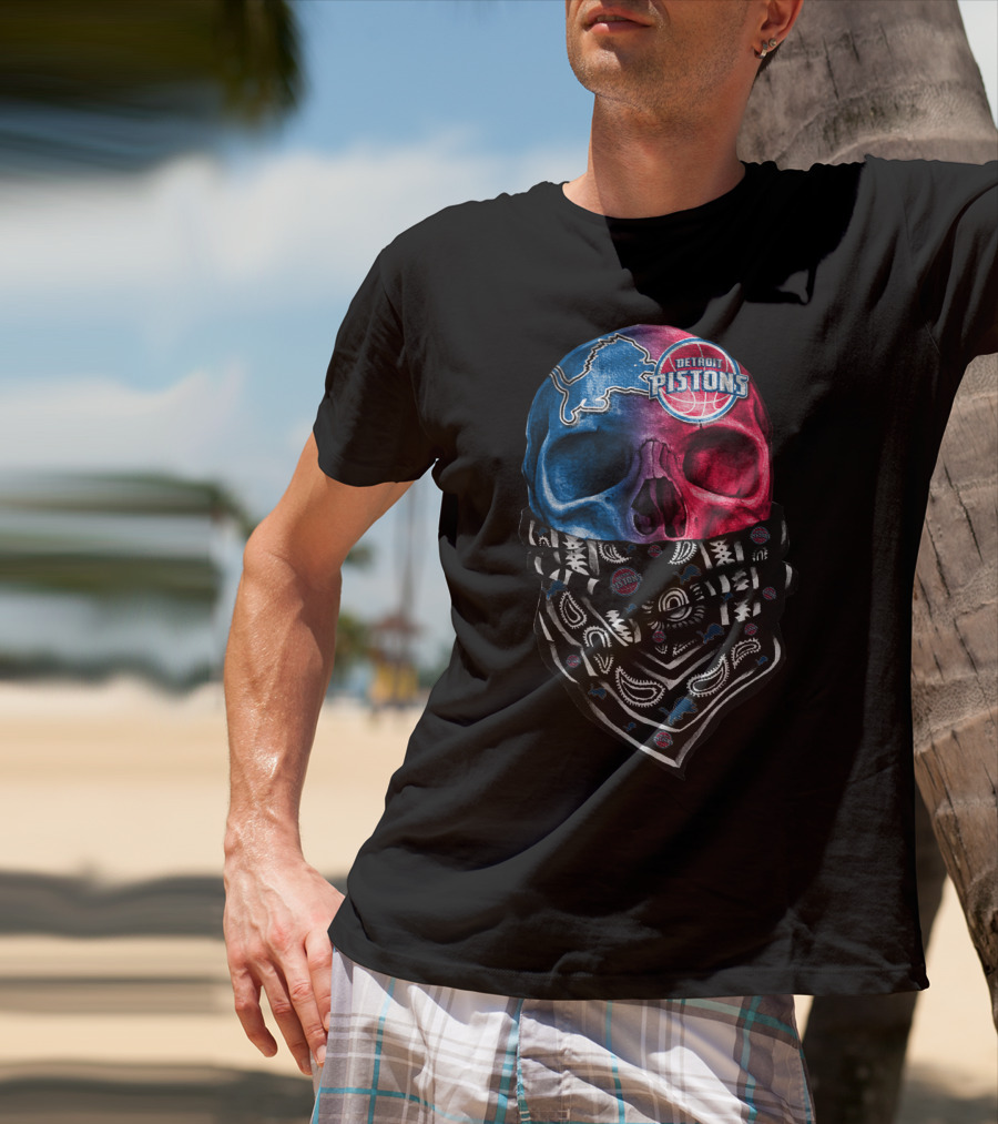 Detroit Pistons Lions Bandana Skull T-Shirt
