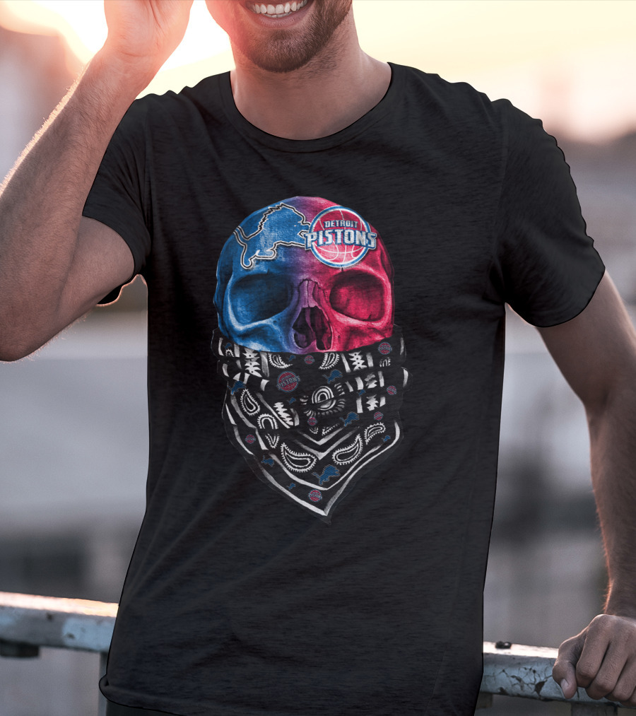 Detroit Pistons Lions Bandana Skull T-Shirt