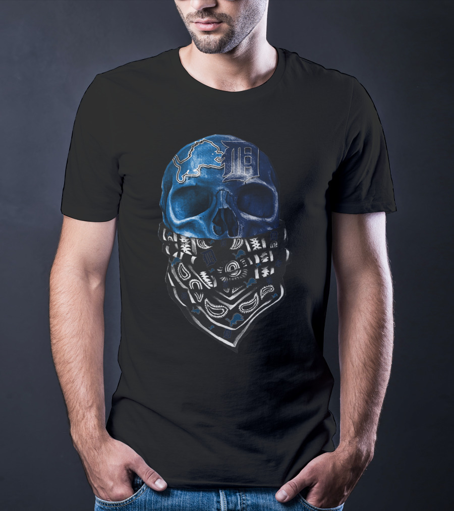 Detroit Lions And Tigers Skull Bandana Blue T-Shirt