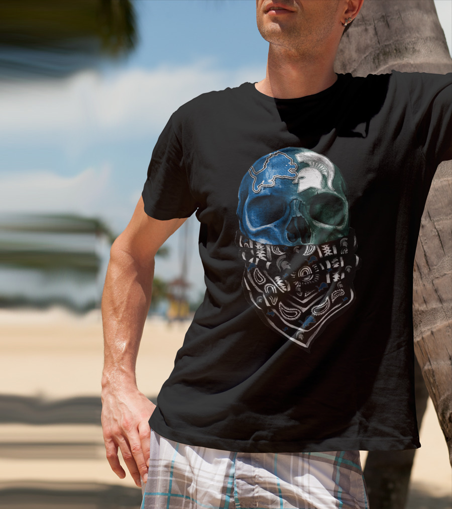 Detroit Lions Michigan State Spartans Skull Bandana T-Shirt