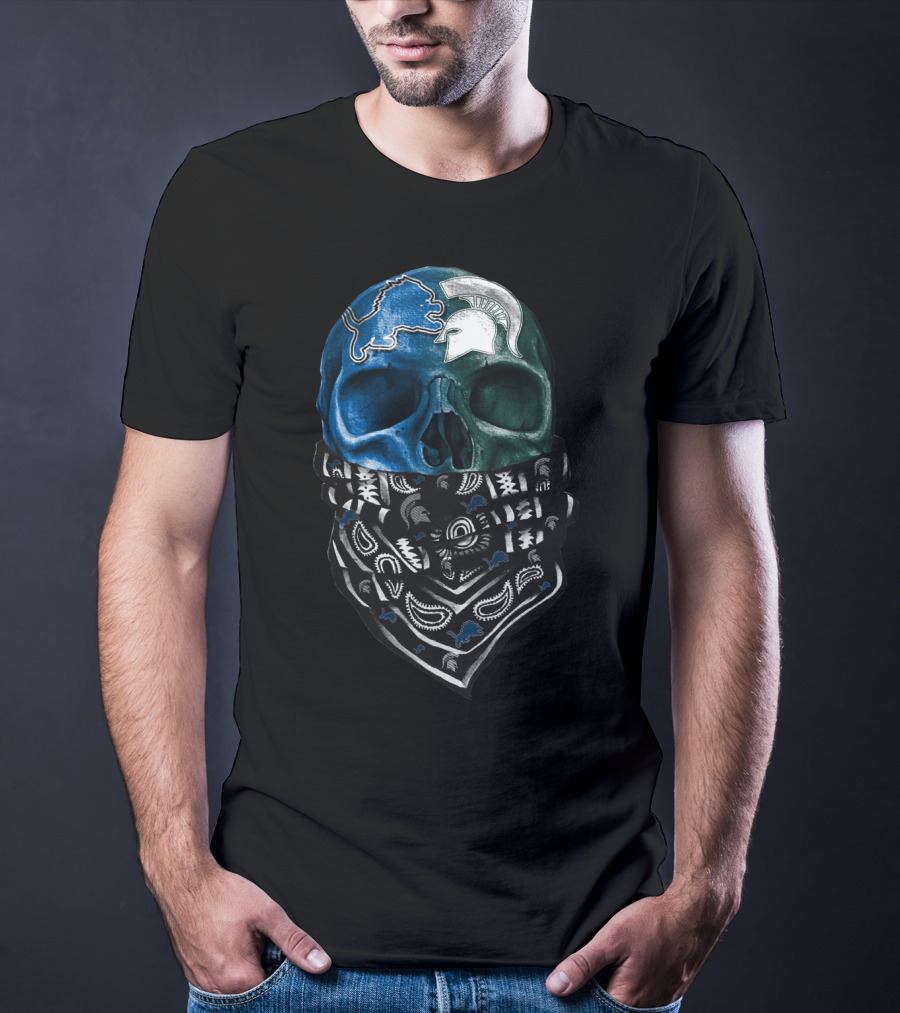 Detroit Lions Michigan State Spartans Skull Bandana T-Shirt