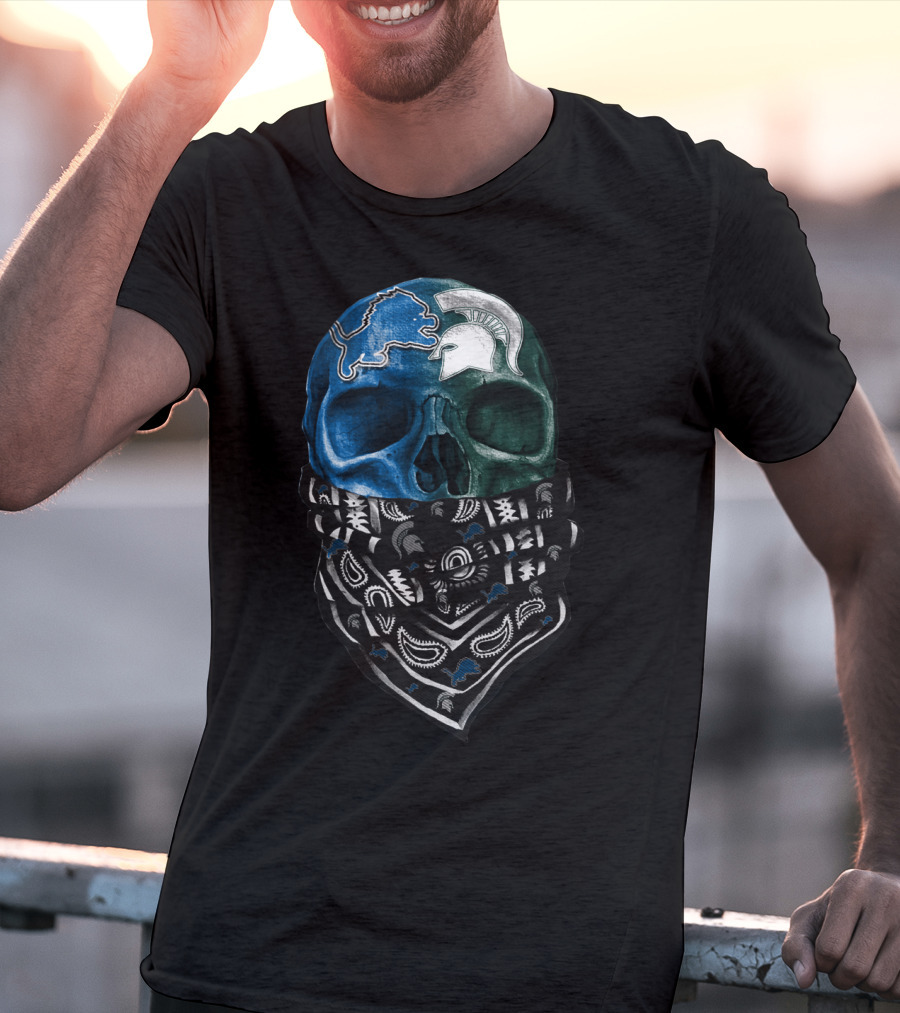 Detroit Lions Michigan State Spartans Skull Bandana T-Shirt