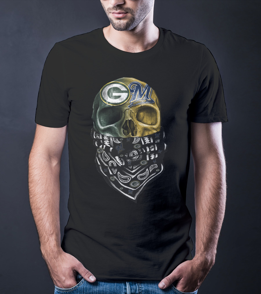 Green Bay Packers And Milwaukee Brewers Skull Bandana T-Shirt