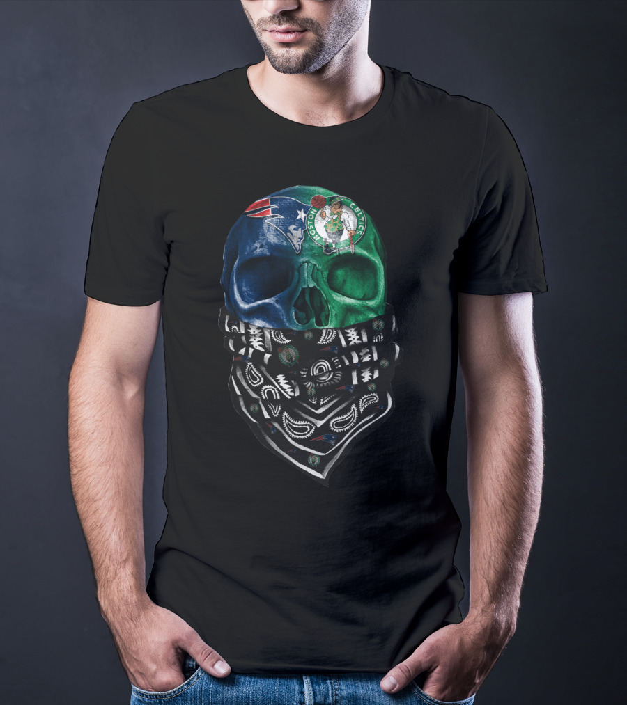 New England Patriots Boston Celtics Skull Bandana T-Shirt