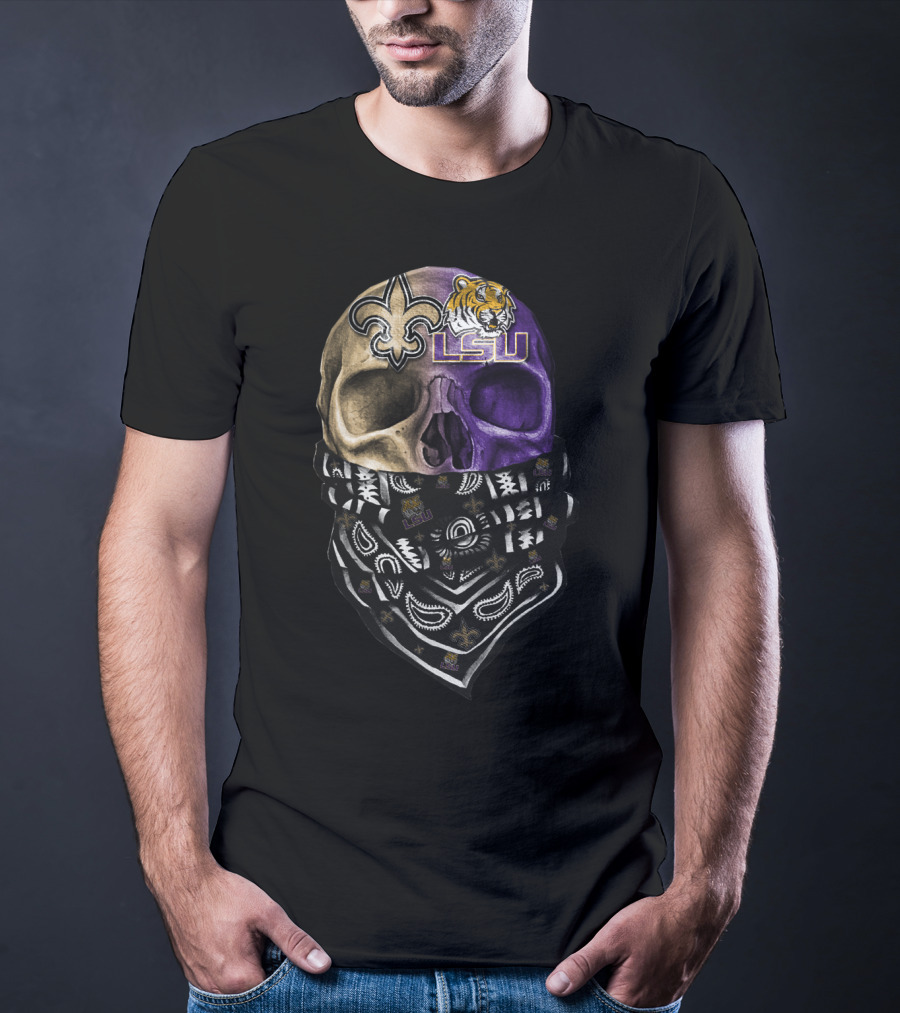Lsu Tigers Skull With New Orleans Saints Logo Bandana T-Shirt