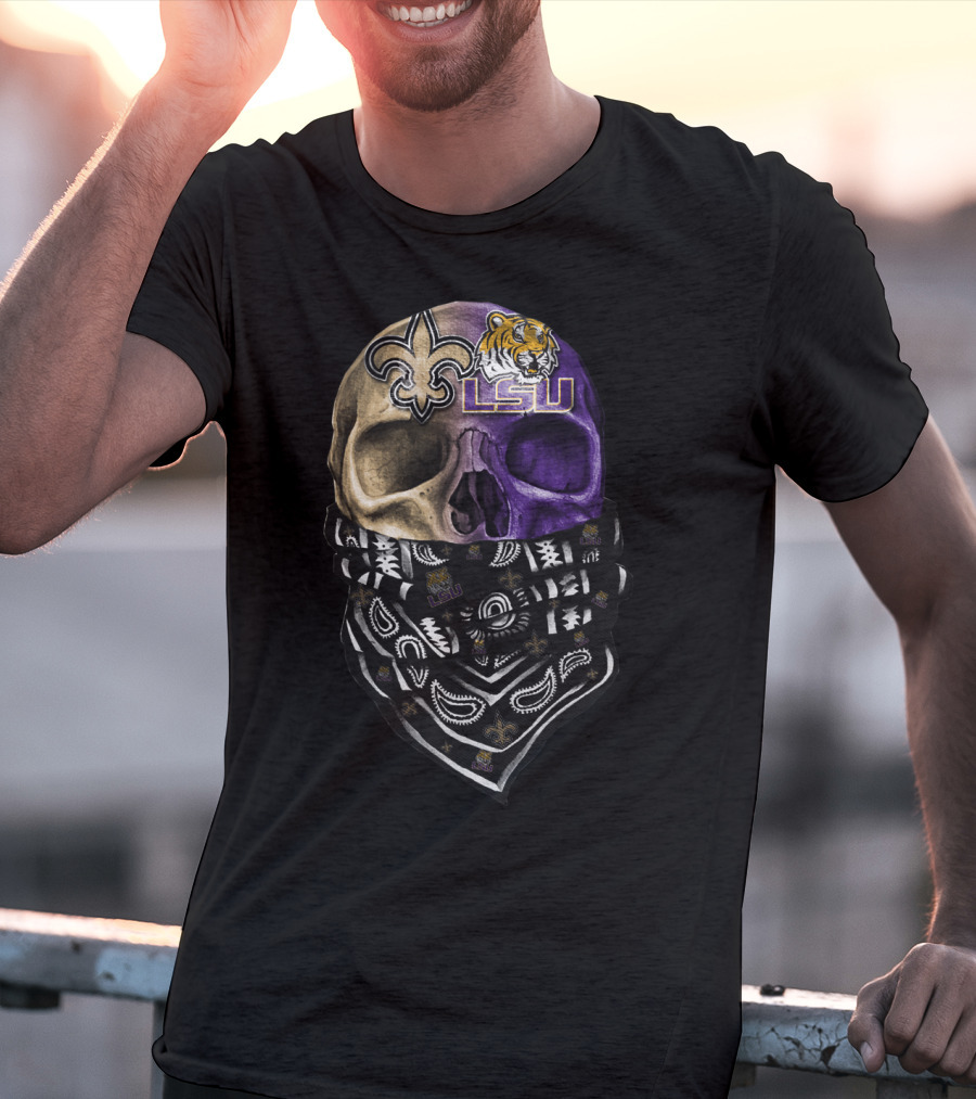 Lsu Tigers Skull With New Orleans Saints Logo Bandana T-Shirt