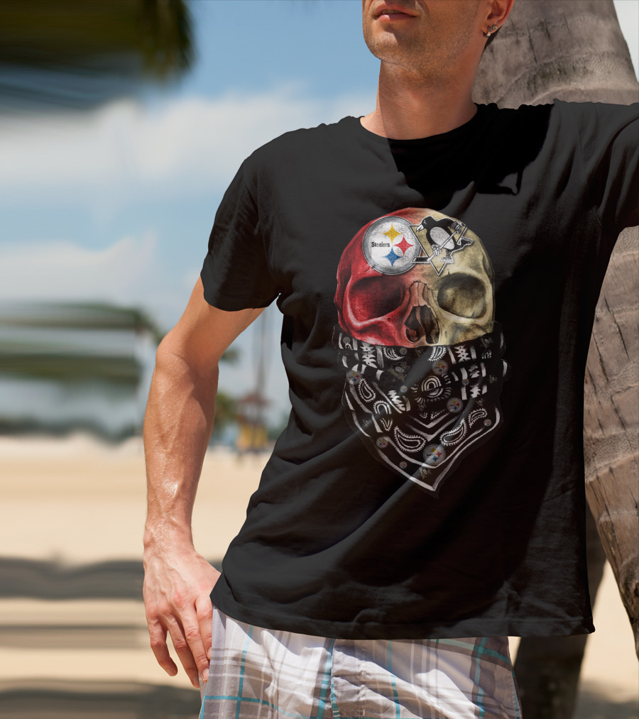 Steelers And Penguins Dual Skull Bandana Art On Sku 114 T-Shirt