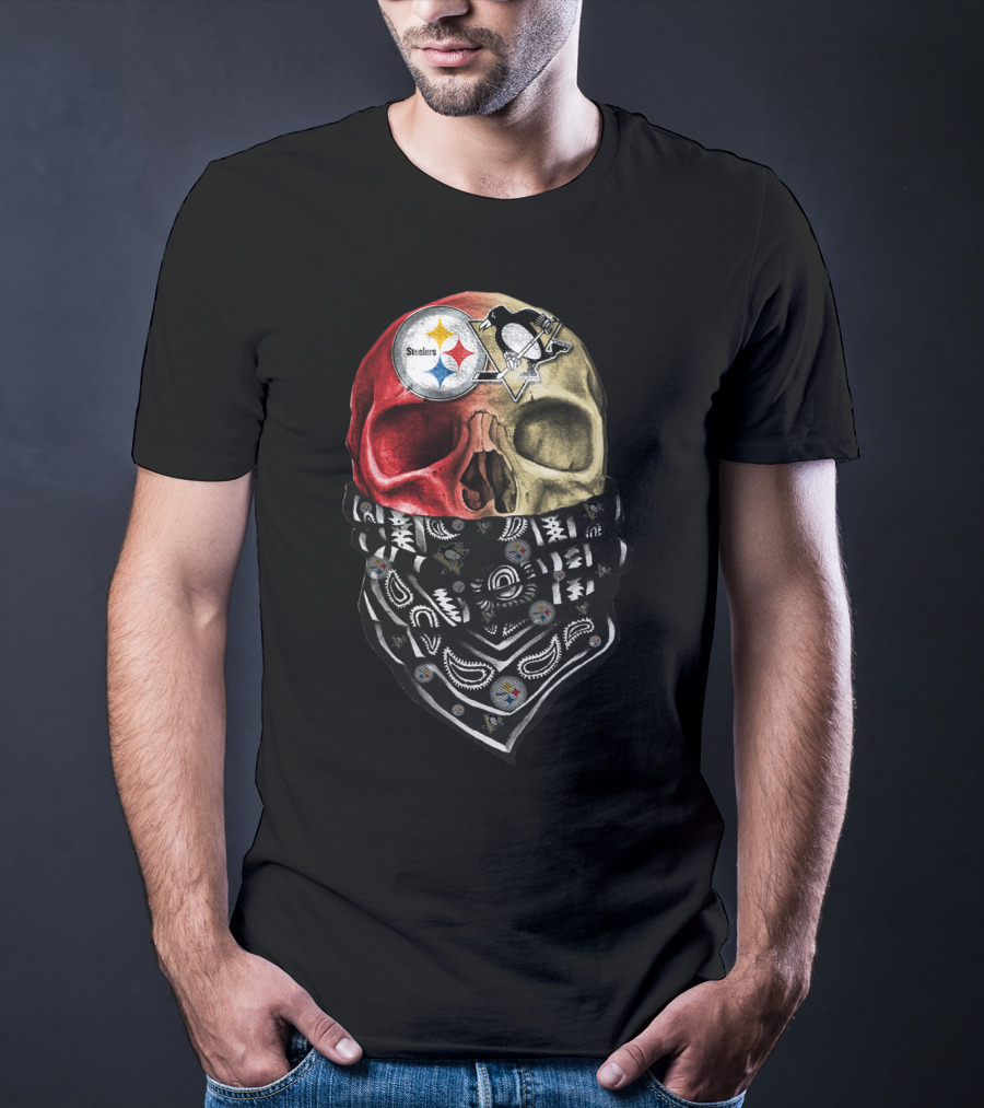 Steelers And Penguins Dual Skull Bandana Art On Sku 114 T-Shirt