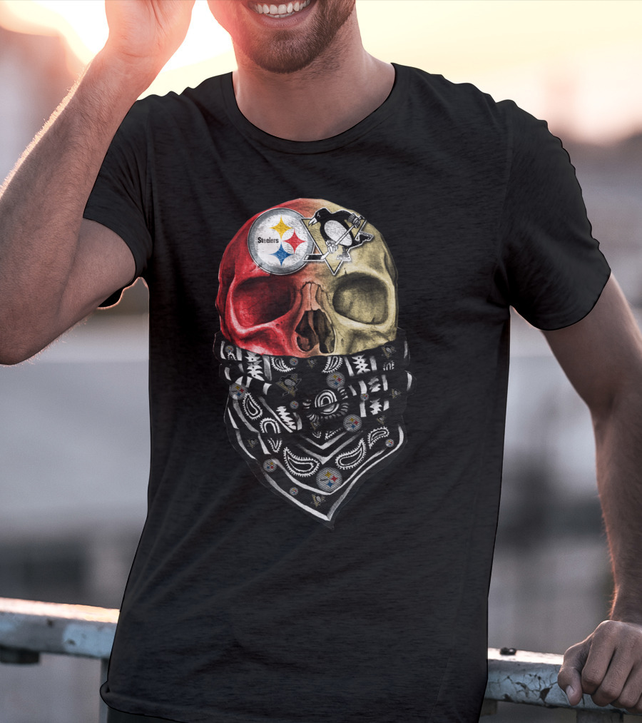 Steelers And Penguins Dual Skull Bandana Art On Sku 114 T-Shirt