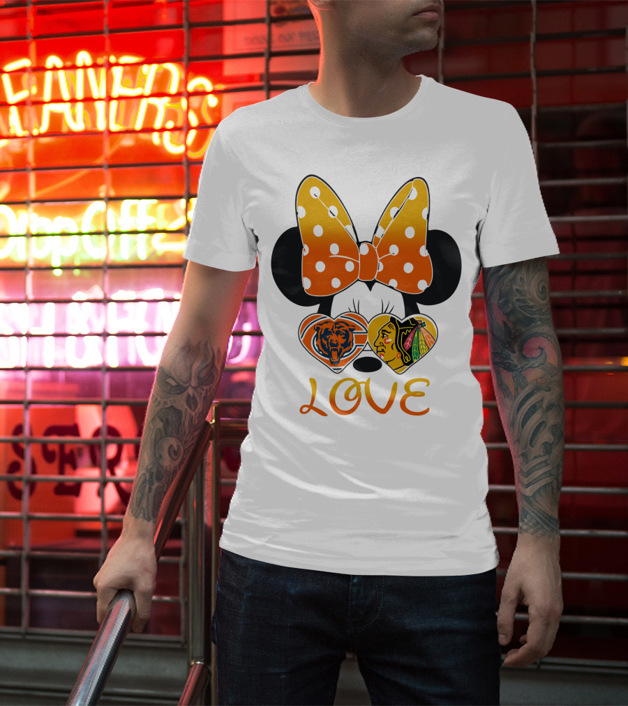 Minnie Mouse Love Chicago Bears Blackhawks Bow T-Shirt