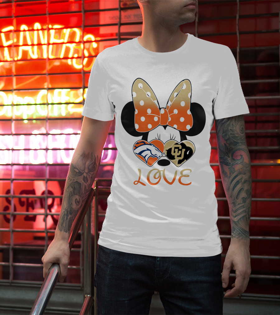 Love Minnie Mouse Orange Bow Denver Broncos University Of Colorado Buffaloes Hearts T-Shirt